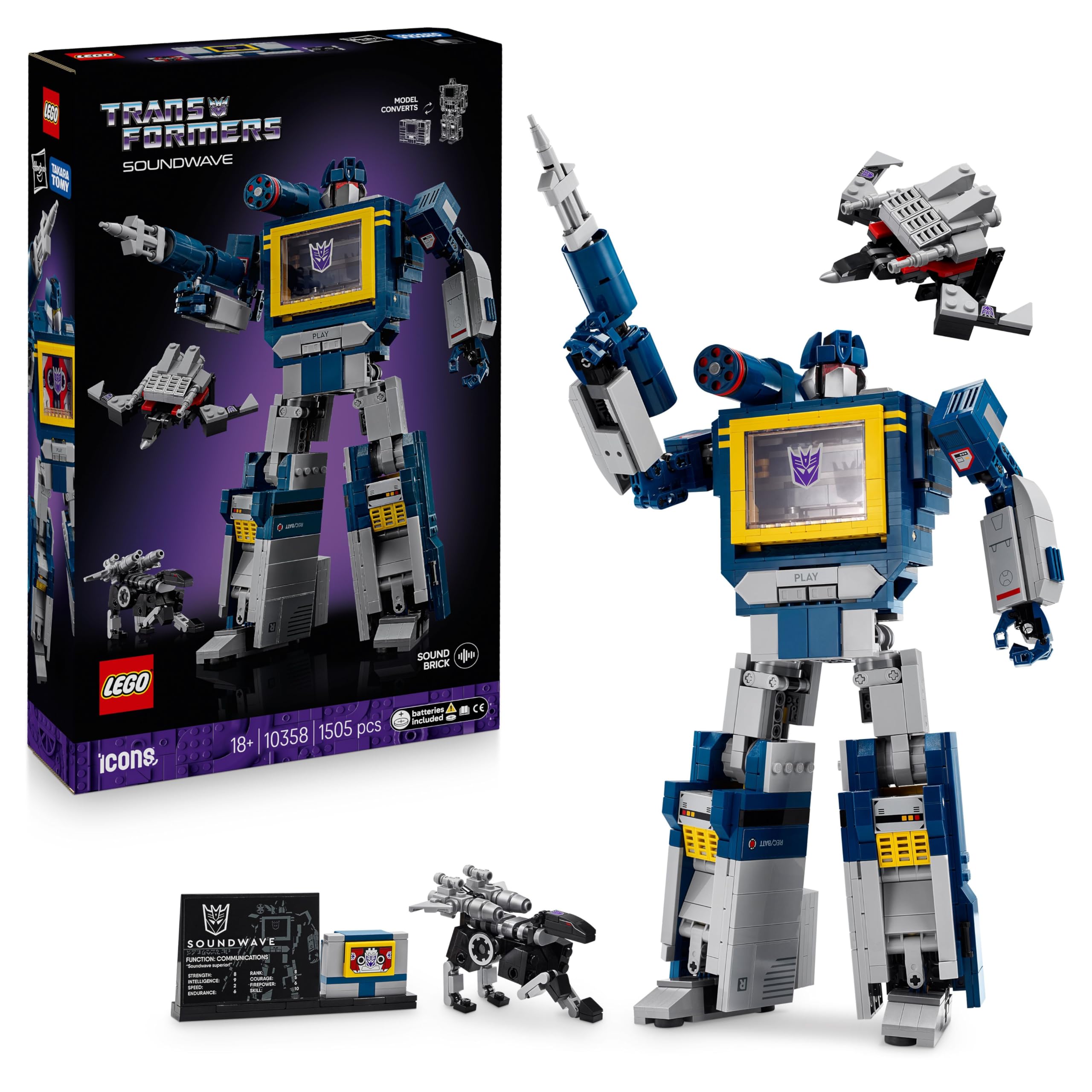 LEGO Icons Transformers: Soundwave Set per Adulti - Kit di Modellismo da Esposizione con Figure Trasformabili tra cui Laserbeak e Ravage, e un Mattoncino Sonoro - Regalo da Collezione per Fan - 10358