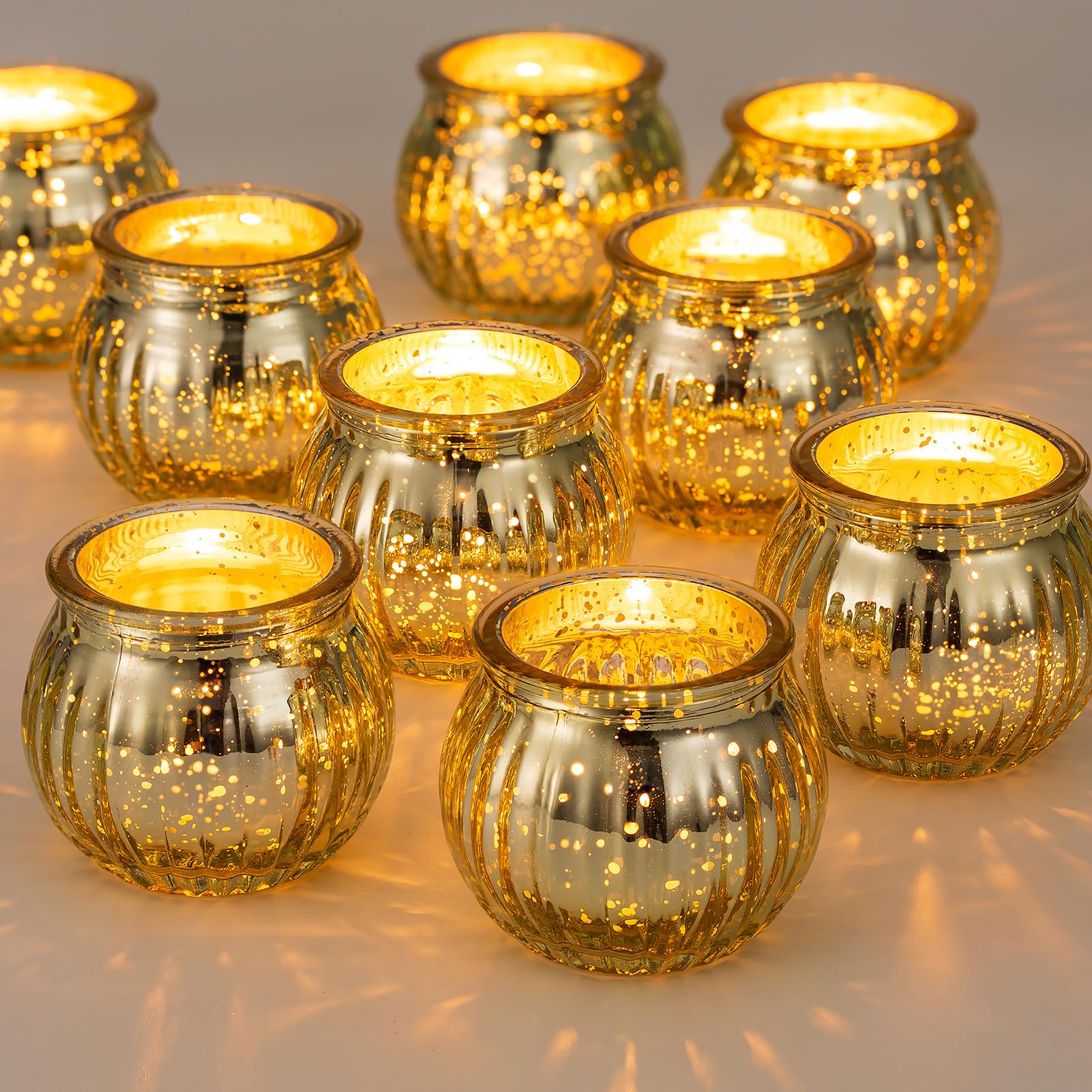 NUPTIO Glass Tealight Holder Gold - 12 Pieces Small Pumpkin Christmas Mercury Tea Light Holders Set Ribbed Votive Candles Wedding Party Living Room Table Centrepieces Halloween Ornament