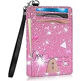 WZCJDHMJ Credit Card Holder Slim Wallet with Wristlet Lanyard,Leather Front Pocket Purse RFID Blocking Wallet Card Case with ID Window for Women & Men-Pink Glitter