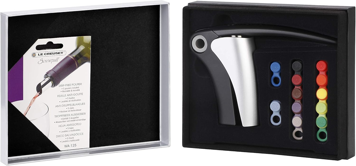 Le Creuset, Geschenkset, Inkl. Leverpull-Korkenzieher LM-150, 5 Weinausgießer WA125, 12 Glasmarkierer WA151, Schwarz/Silber, GS141