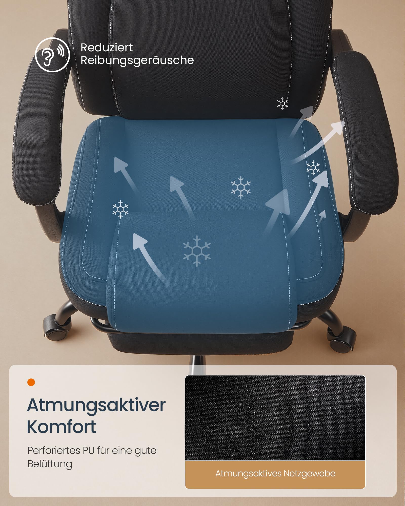 SONGMICS HOME Gaming-Stuhl, ergonomischer Computerstuhl mit Fußstütze, Bürostuhl, Drehstuhl mit Kopfkissen, Baumwoll-Leinen-Mischgewebe, höhenverstellbar, tintenschwarz OBG072BH03 3