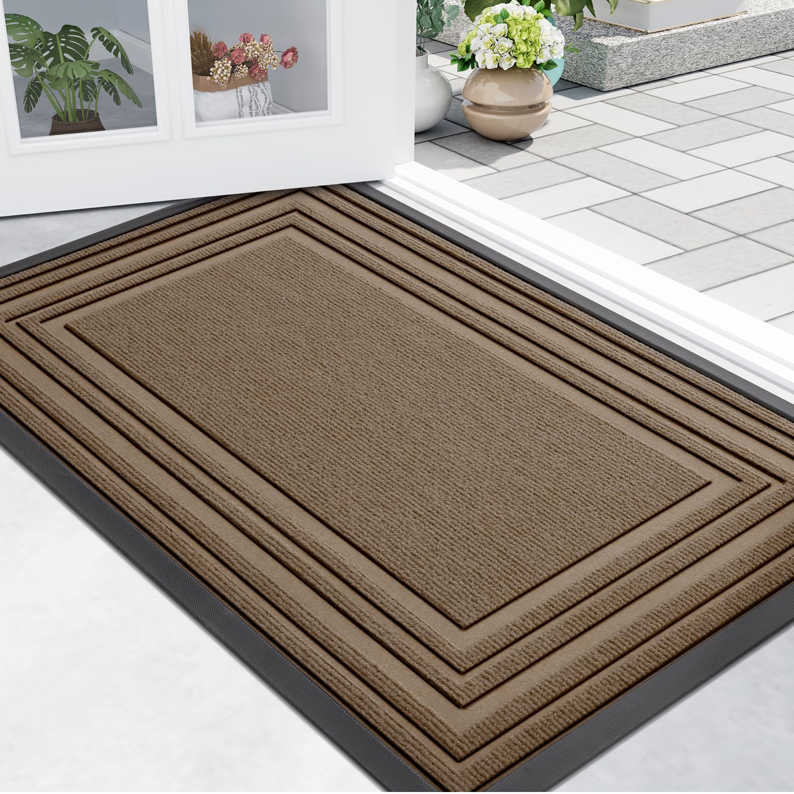 Photo 1 of Buganda Front Door Mat Indoor Outdoor Entrance, Non-Slip Natural Rubber Doormats, Easy Clean, Low Profile, Dirt Trapper Entryway Floor Mats for Outside, Garages and Patios, 36x24, Light Brown