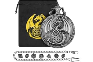 Mini DND Dice Set with Steampunk Dragon Pocket Watch Case, Tiny 7-Piece Polyhedral Metal D&D Dice, DND Gifts with Dragon Logo
