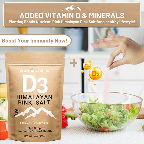 PLANTING FOODS HIMALAYAN PINK SALT WITH VITAMIN D3 – ORGANIC, VEGAN, KOSHER SALT, LAB TESTED, FINE GRAIN 16OZ | UNREFINED MINERAL-RICH COOKING SALT & NATURAL ELECTROLYTE BOOST