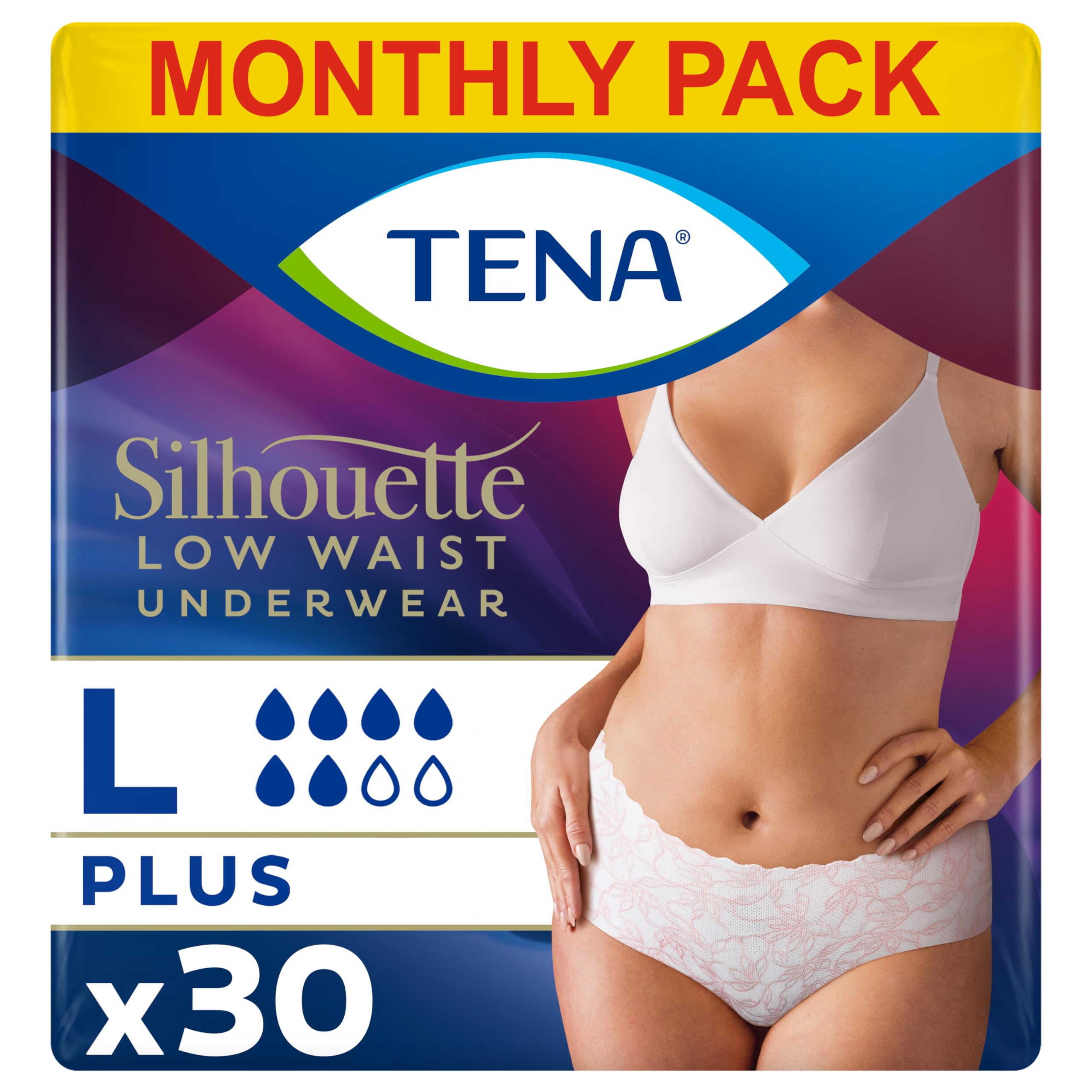 TENA Silhouette Plus Low Waist, 30 pairs of Incontinence Pants (10 x 3 Packs) for Moderate to Heavy Bladder Weakness for Women, Designed for Stylish Protection, White, Large, Fits Waist 95cm - 125cm