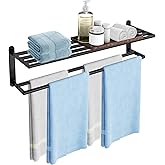 Double Towel Racks for Bathroom, Towel Shelf with Double Towel Bar 32 inch, Towel Rack with Shelf for Bathroom, Stainless Steel Towel Holder Wall Mounted, Towel Storage for Bathroom Lavatory Black