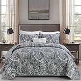 DJY Gray Paisley Quilt Set Queen Size Boho Bedspread Coverlet Set 3 Pieces, Soft Lightweight Microfiber Vintage Dark Grey Paisley Floral Pattern Bedding for All Season, 96''x90''