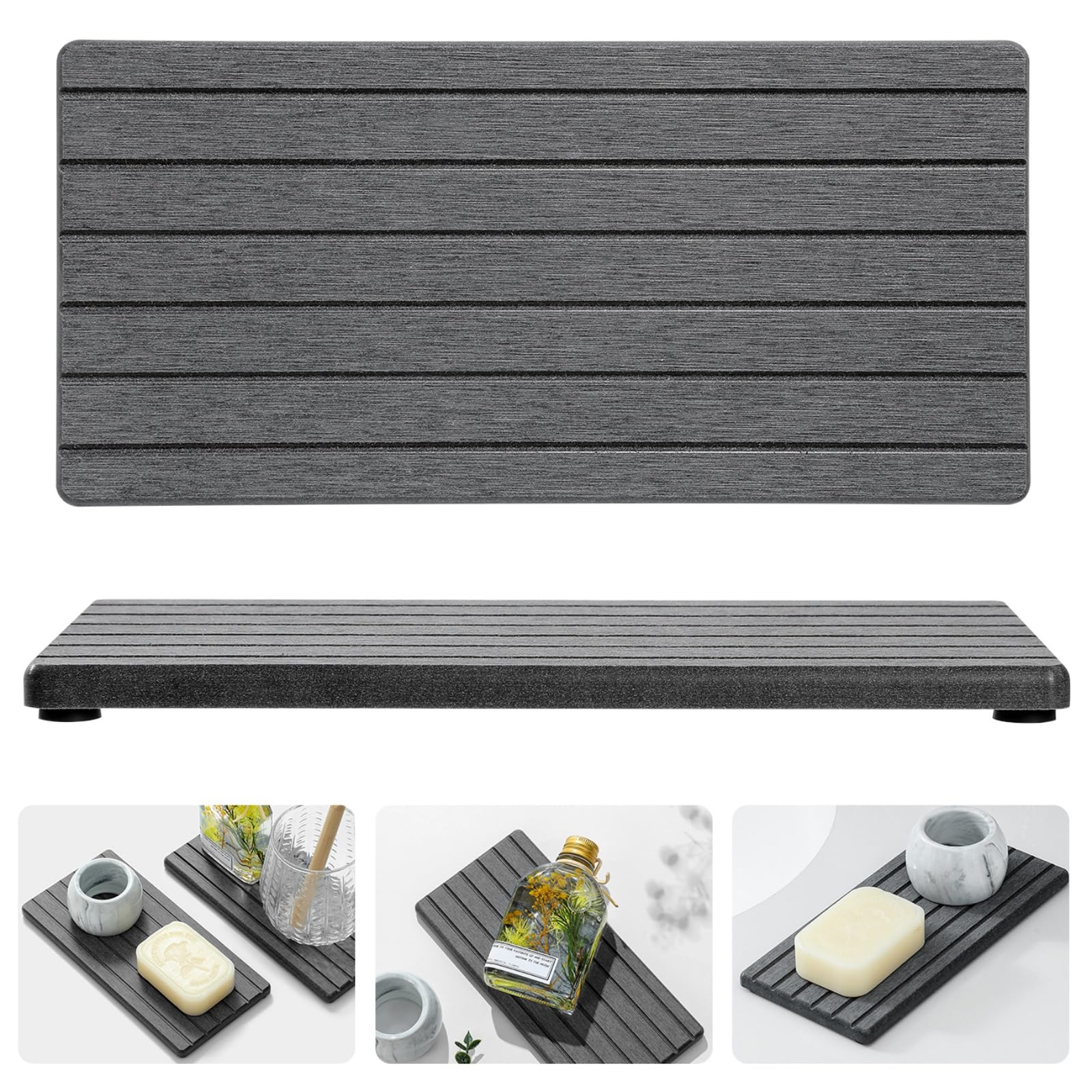 Photo 1 of Razborci 2PCS Diatomite Quick Stone Drying Tray Mat For Bathroom & Kitchen Counter, Instant Dry Water Absorbent Drink Bar Coaster,Vanity Sink Caddy Organizer,Dish Soap Sponge Holder, Dark Gray,8"x3.8"