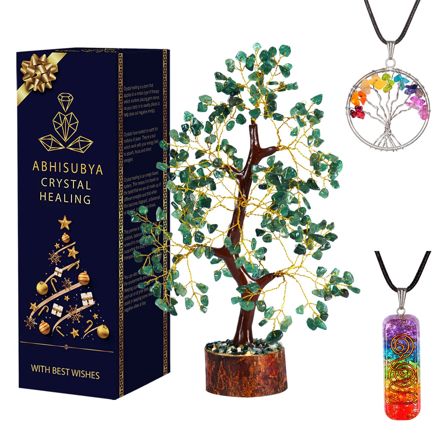 ABHISUBYA Crystal Tree - Green Aventurine of Life Chakra Healing Money Ornaments Gem Decor Home Office Table Desk Living Room Necklace, Crystals