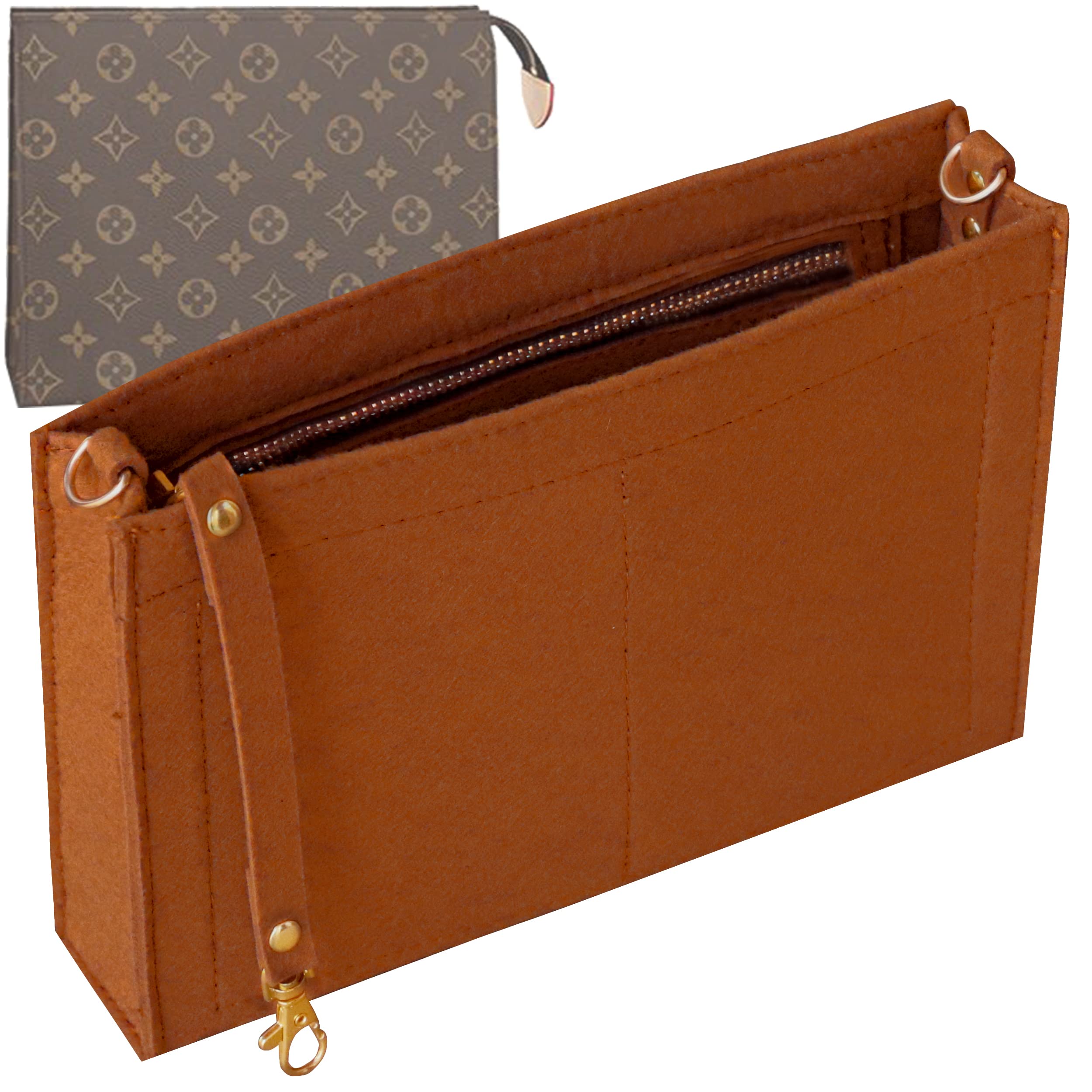 Soyizom Toiletry Pouch - Bag Organiser Insert for Cosmetics, Felt Purse Organiser Insert with Keychain & Gold Buckle & Zip (Small-19, Brown)