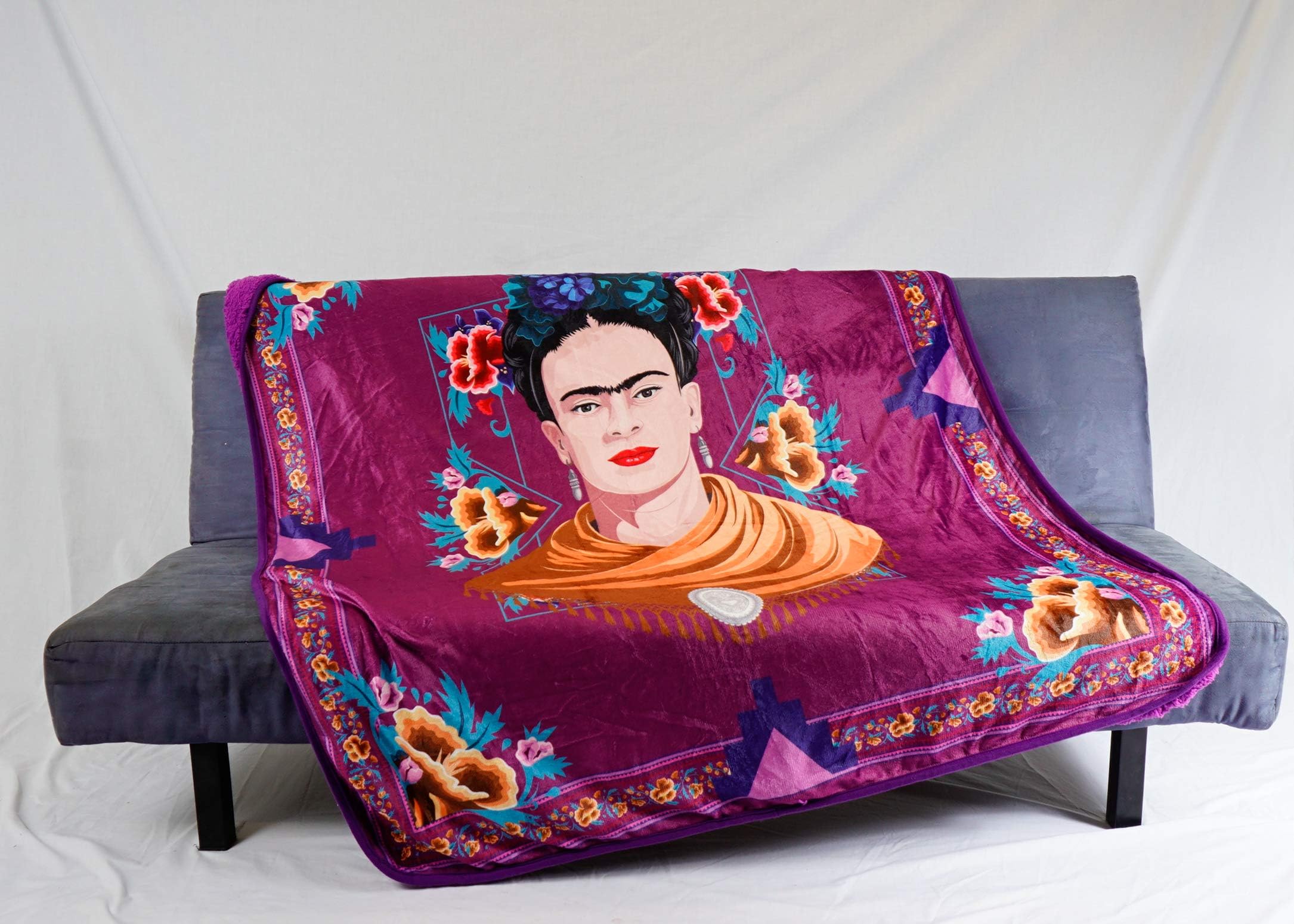 Frida Kahlo Throw with Sherpa Blanket (Purple)