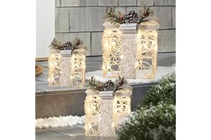 Vanthylit Lighted Boxes, Set of 3 White Gift Box with 48 Warm White Lights, Outdoor Decorations Plug in for Yard Lawn Porch Holiday