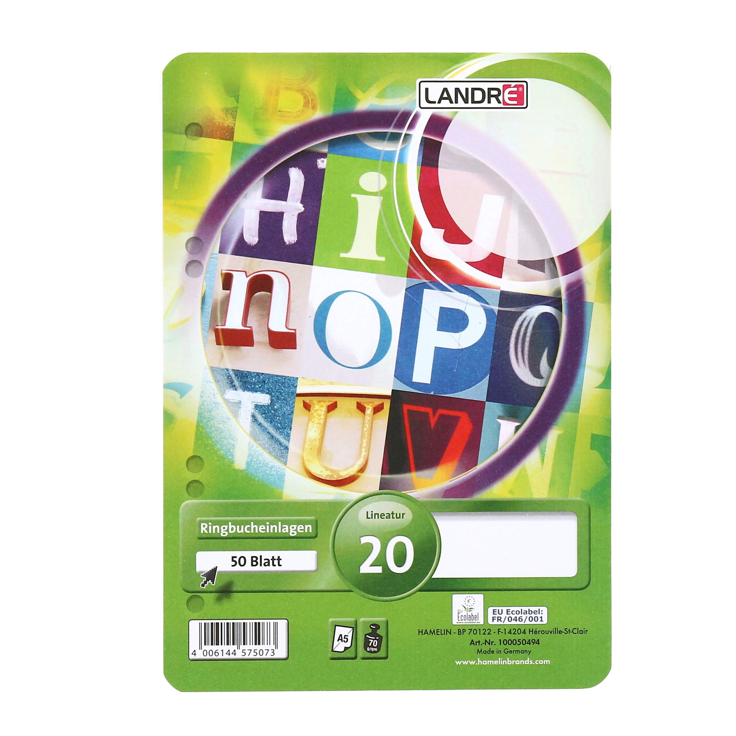 Landre 100050494 Ring Binder Inserts A5 50 Sheets Blank 70 g/m² Wood Round Corners Perforated Ring Binder Insert Paper Insert