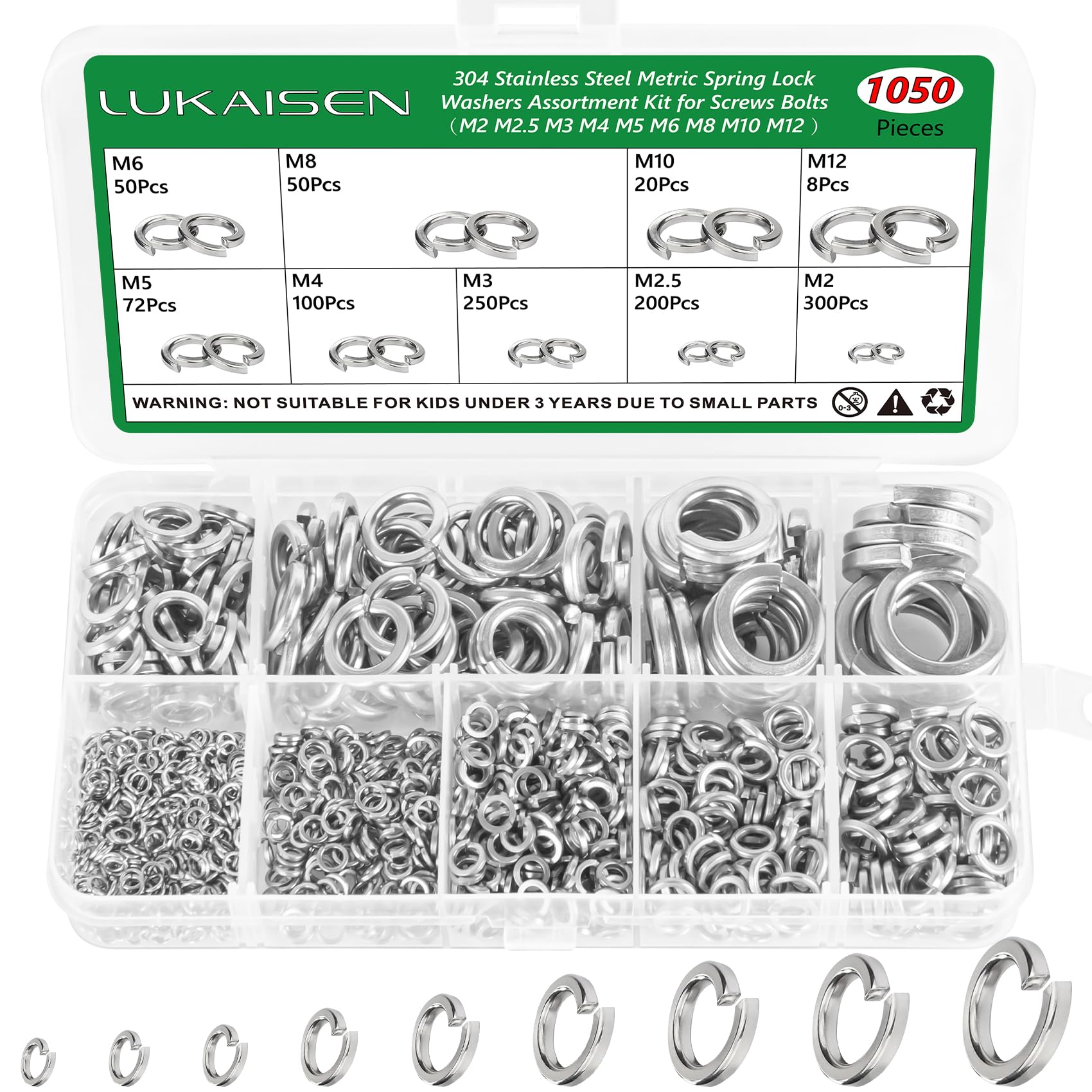 Lukaisen 1050PCS 304 Stainless Steel Spring Washers Assortment Kit, M2-M12 Metric Split Lock Washers Set, Corrosion Resistant Elastic Metal Gaskets for RC Cars, Machinery, & DIY Home Repair (Silver)
