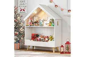 Curipeer Kids Dollhouse Bookshelf, Wooden Bookcase Storage with Motion-Activated Light, 2-Tier Open Display Organizer for Toys, Books, Baby Bookshelf for Birthday, Christmas, Classroom Storage, White