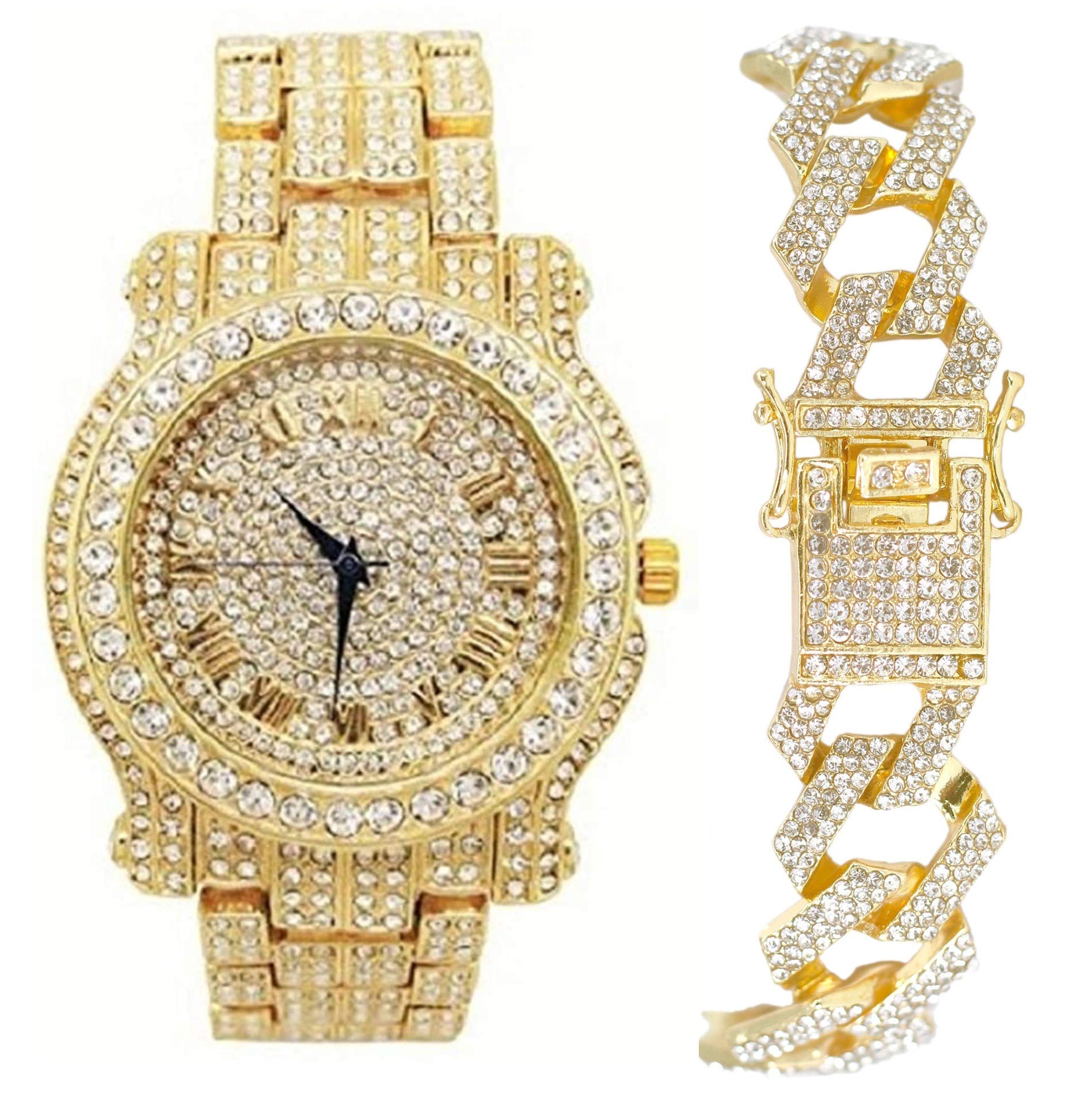 Charles Raymond Bling-ed Out Silver Round Luxury Mens Watch w/Bling-ed Out Bracelet - L0504B, L0504RNB ZZ Gold Gold, mens, L0504B (L0504RNB ZZ Gold Gold)
