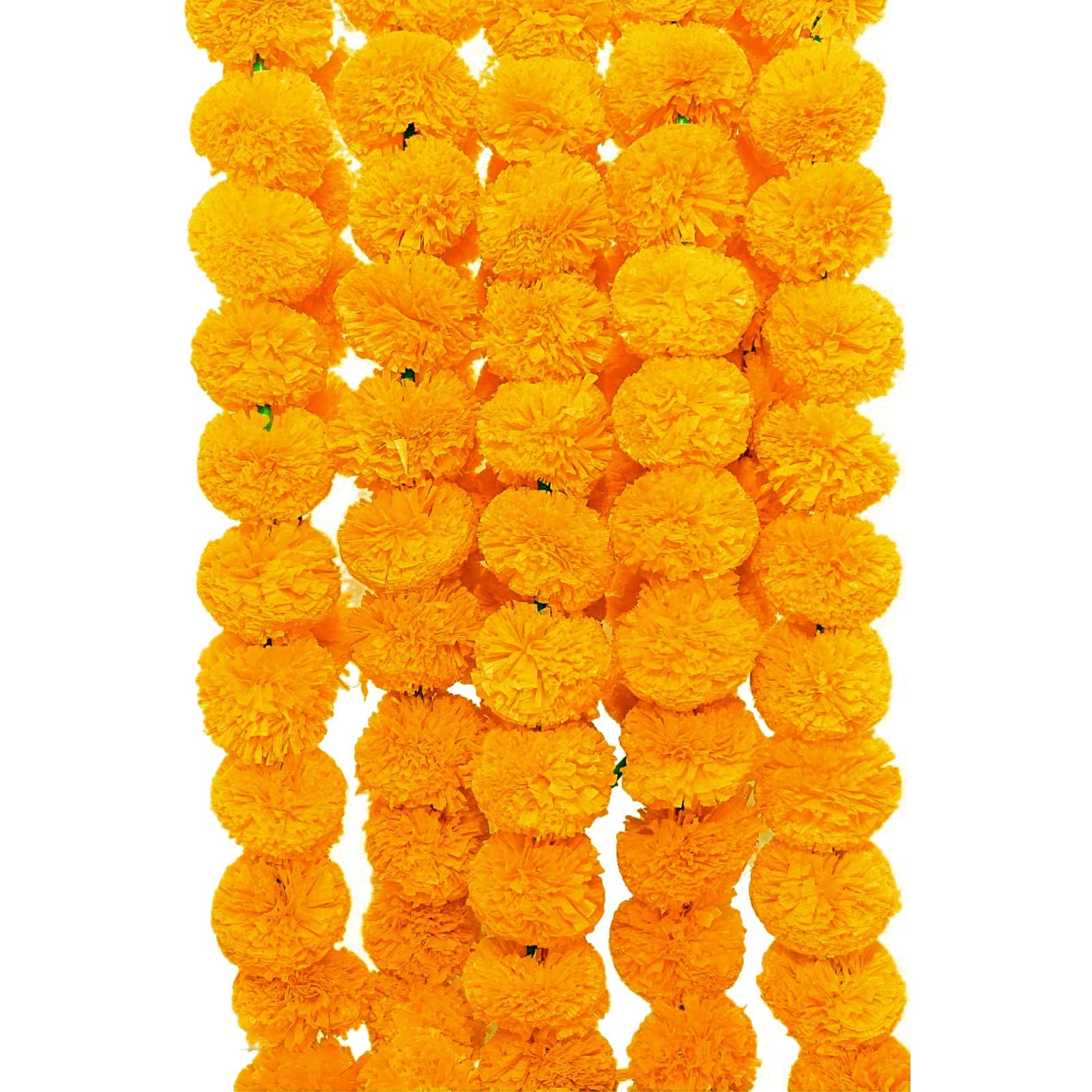 TIED RIBBONS Marigold Garland Decorations, Artificial Marigold Flowers Hanging Garlands Diwali Decorations for House, Indian Wedding Decorations for Orange Flower Garland Strands, 5 Ft, Pack Of 5