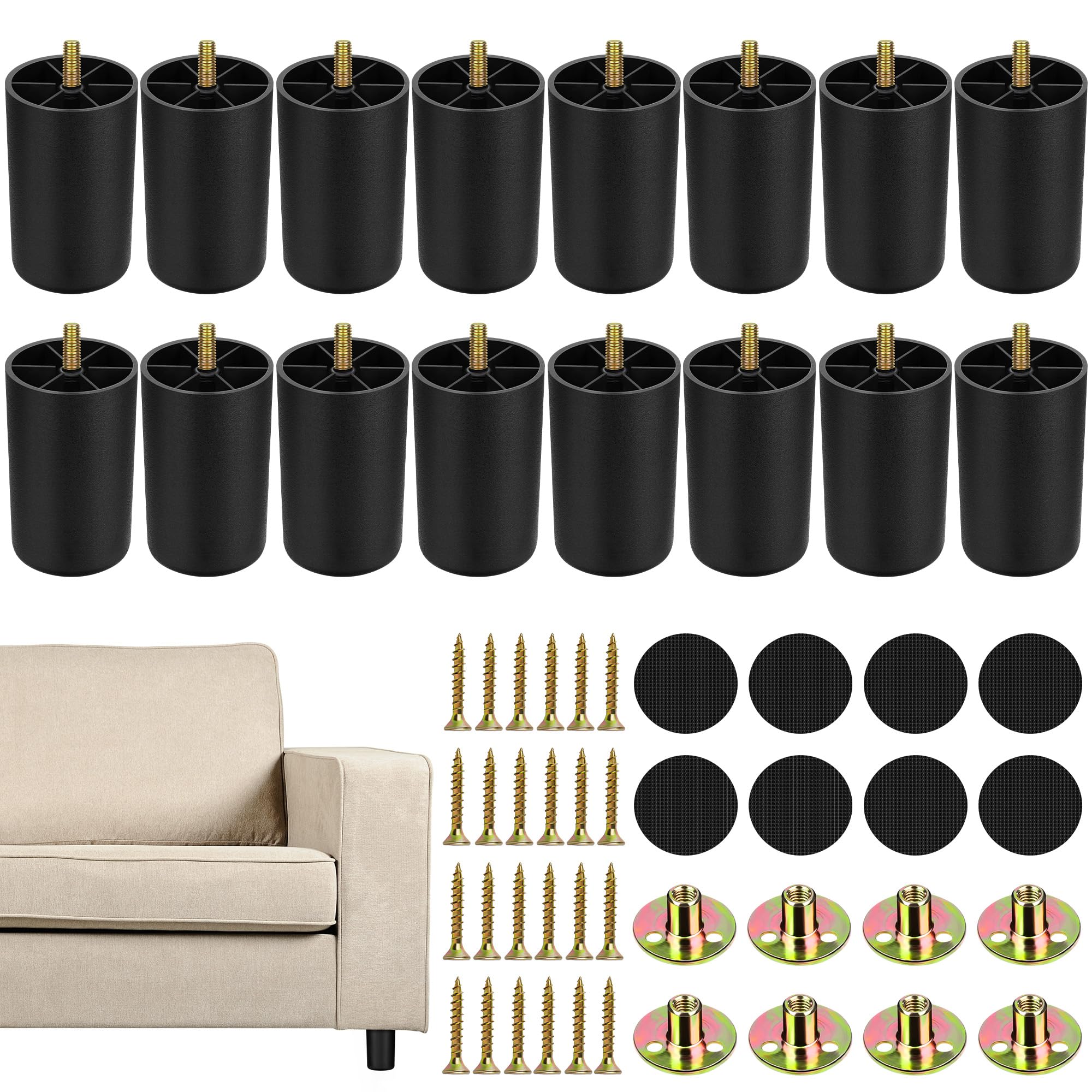 TURSTIN Paquete de 16 patas de plástico para muebles de 3.0 in con tuercas en T M8, tornillos cónicos para sofá y silla, patas de repuesto para muebles para proyectos de bricolaje, sofás, mesas de café, aparadores, camas