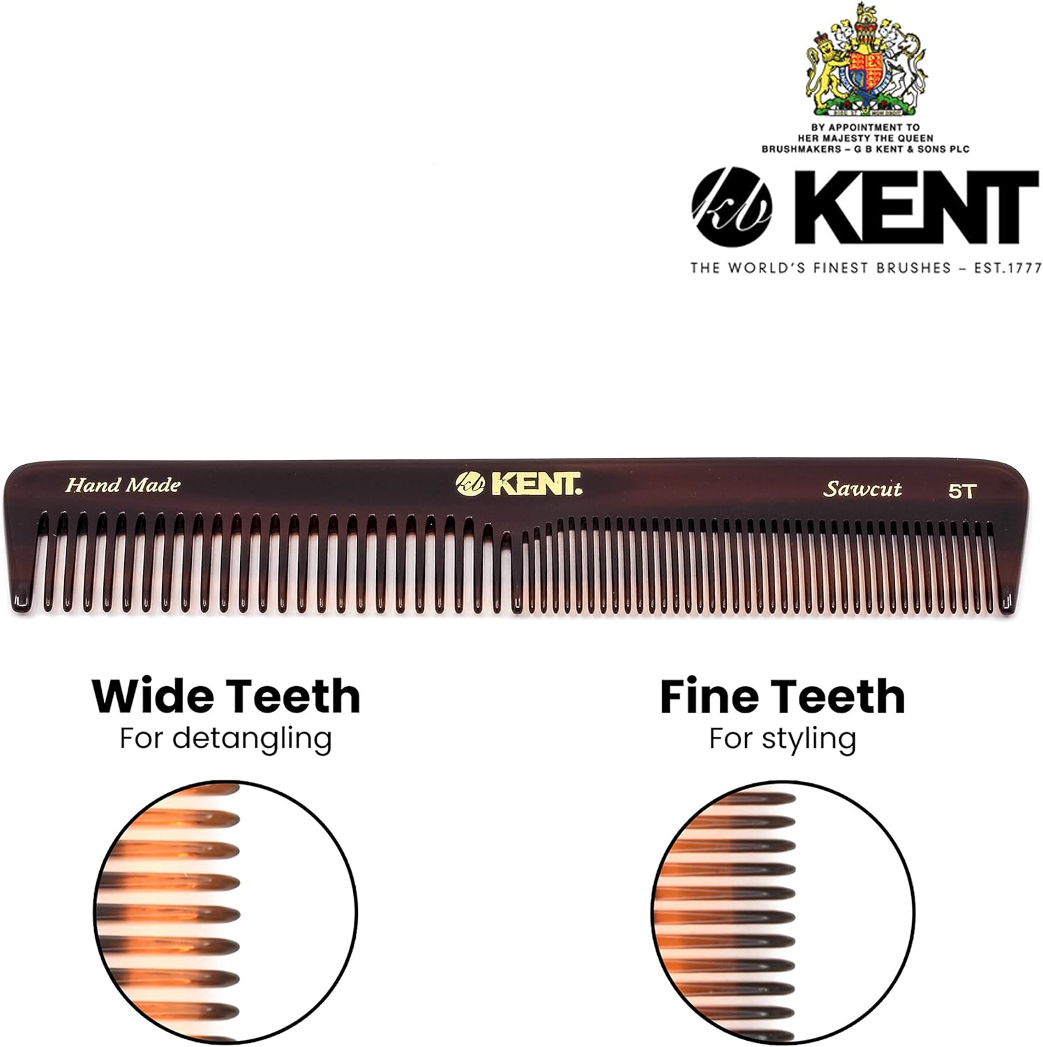 Kent Brushes Handmade Comb A 5T Medium Size Coarse and Fine Comb for Women, Brown - Image 3