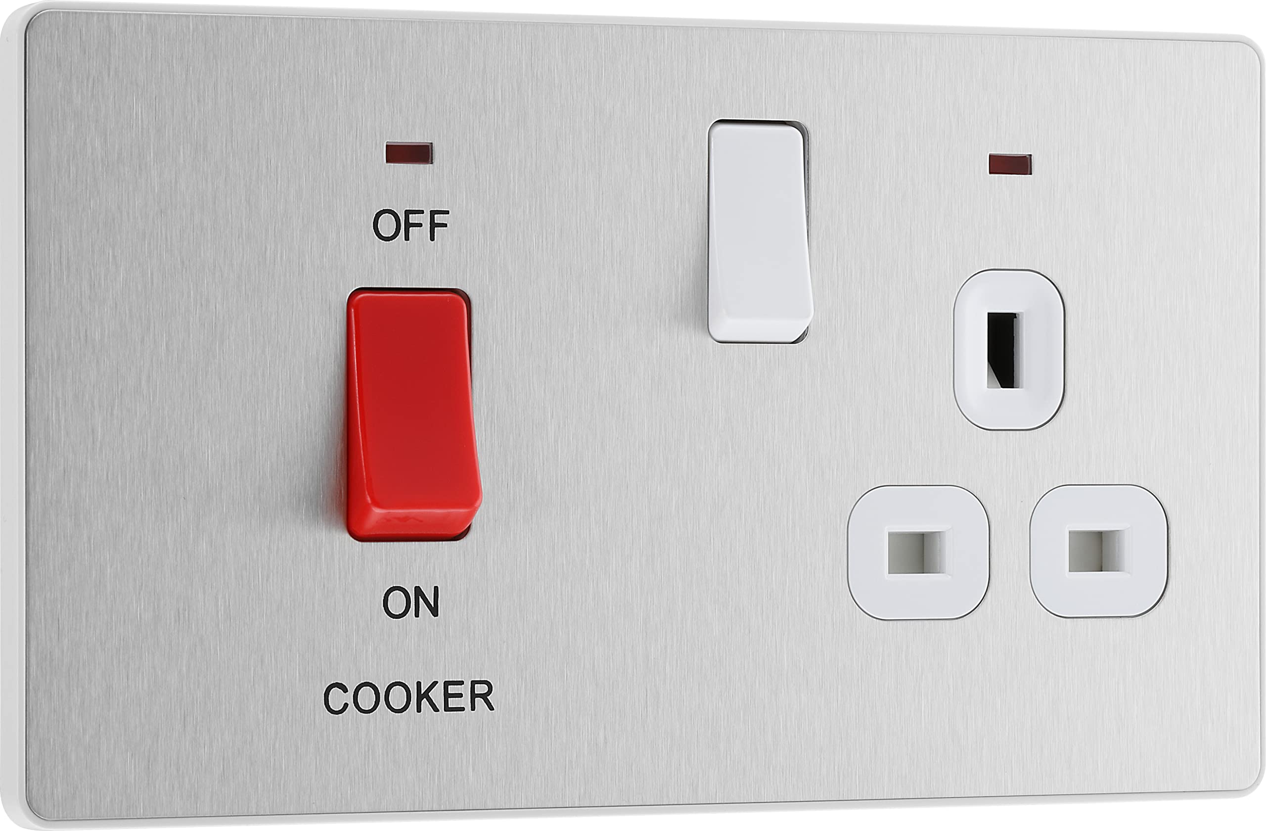 BG Electrical Cooker Switch with Socket and LED, Cooker Control Unit, Control Socket, Double Pole, Screwless Front Plate, Evolve, Brushed Steel, 45A, PCDBS70W — image 1