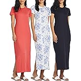 Real Essentials 3 Pack Women’s Casual Short Sleeve Maxi T-Shirt Dress with Slit (Available in Plus Size)