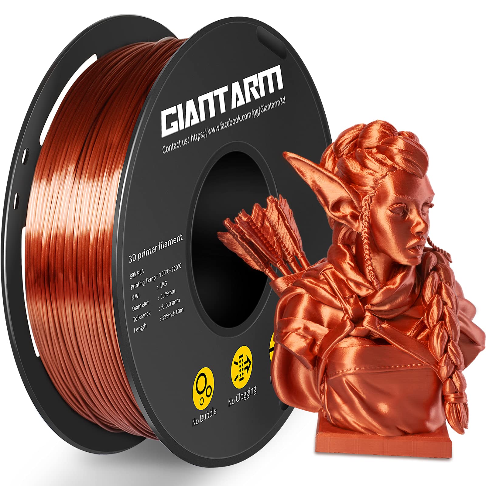 GIANTARM PLA Filament 1.75mm Silk Copper,3D Printer PLA Filament 1kg Spool