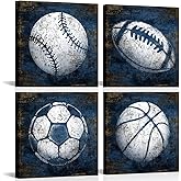 KLVOS Navy Blue Sports Wall Art Décor Basketball Baseball Soccer Football Canvas Art Prints Sport Balls Picture for Man Cave Kids Teenagers Boy Room Decor 12x12inchx4 Piece
