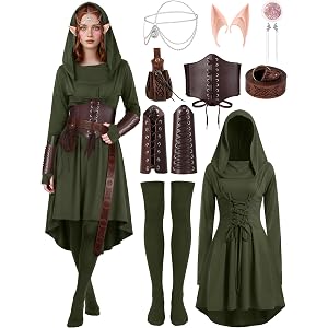 10 Pcs Women Renaissance Halloween Fairy Costumes Medieval Elf Dress S-XXL | Belt, Wristband, Corset, Pouch, Socks, Headpiece