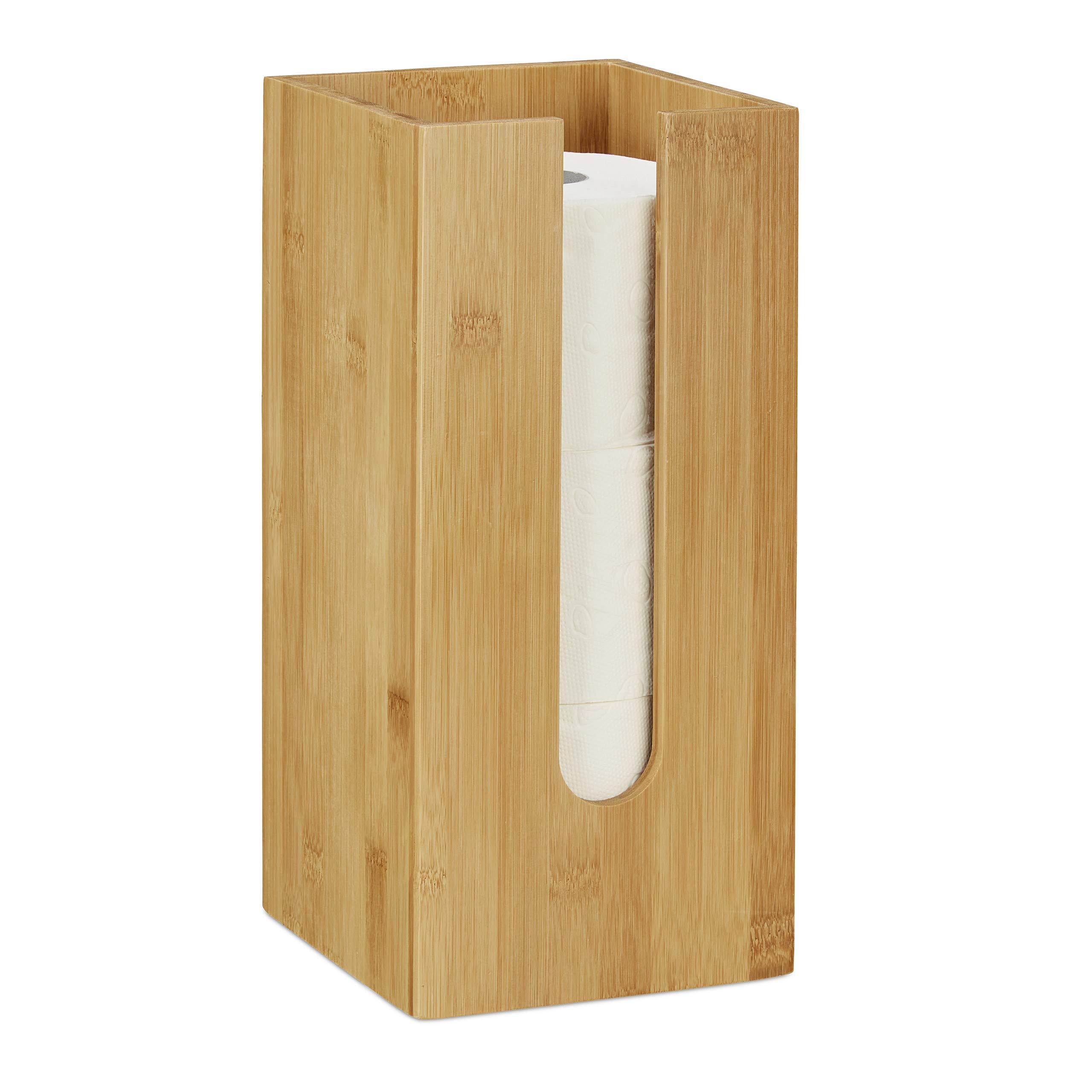 Relaxdays Toilet Holder, Free-standing, Narrow, Storage, Bathroom Cabinet, 3 Rolls, HxWxD 33x15x15 cm, Natural, Bamboo, Toilettenpapierbehälter Bambus