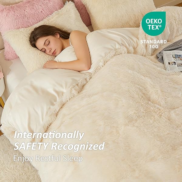 EMME LUXURY FUZZY DUVET COVER SET KING SIZE FLUFFY COMFORTER COVER SET FOR KING BED 2 PIECES SHAGGY AND PLUSH SOFT BEDDING DUVET COVERS (CREAM WHITE, KING)