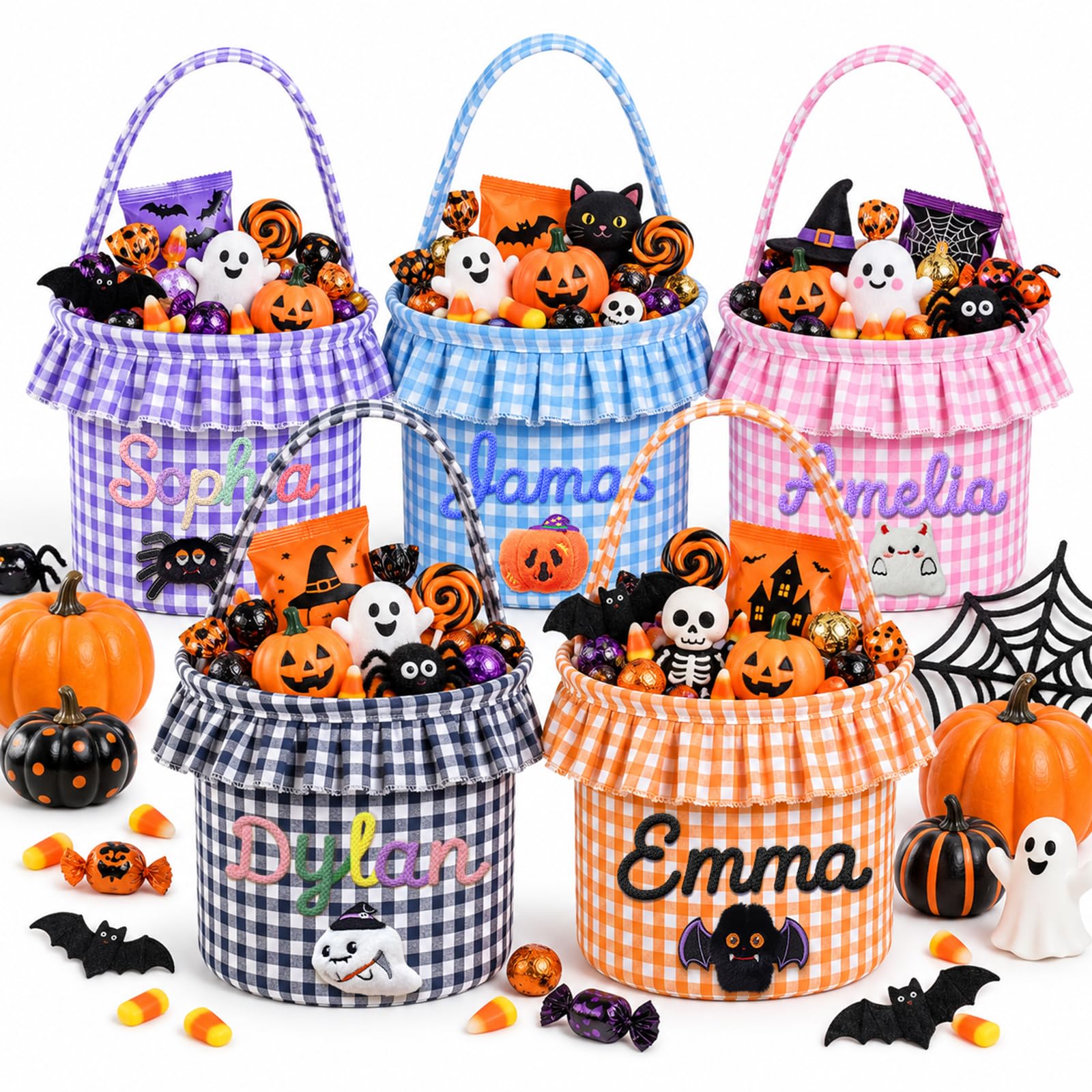 Dyoart Personalized Halloween Basket for Kids, Custom Trick or Treat Bucket | Cotton Rope Name Halloween Candy Bag with Handl
