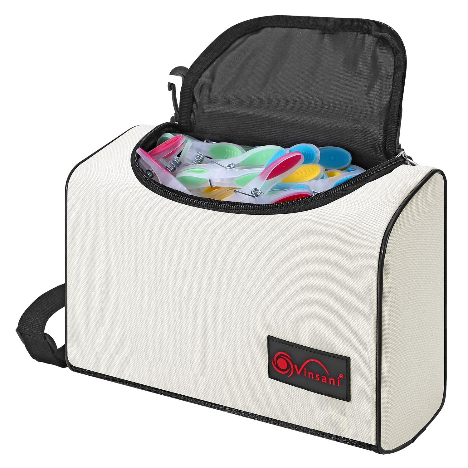 Vinsani Clothes Peg Bag Premium Zipped Waterproof Wearable Peg Storage Organiser Bag with Double Clips, Shoulder/Waist Strap Holds up to 300 Pegs Suitable for Indoor Outdoor Use – Cream White