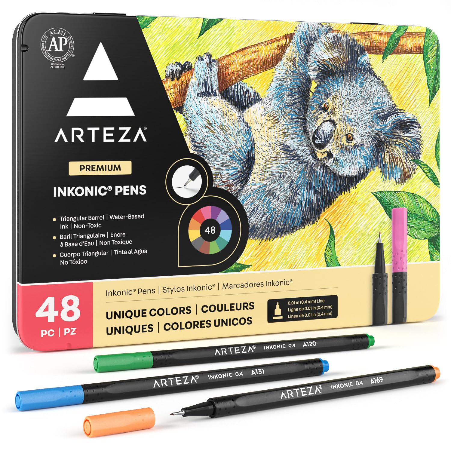 ARTEZA Inkonic Fineliner Pen Set, 0.4 mm Tips, Set of 48 Colours, Water-Based, Non-Toxic, Fine Tip Colouring Pens for Drawing, Sketching & Mixed Media Art