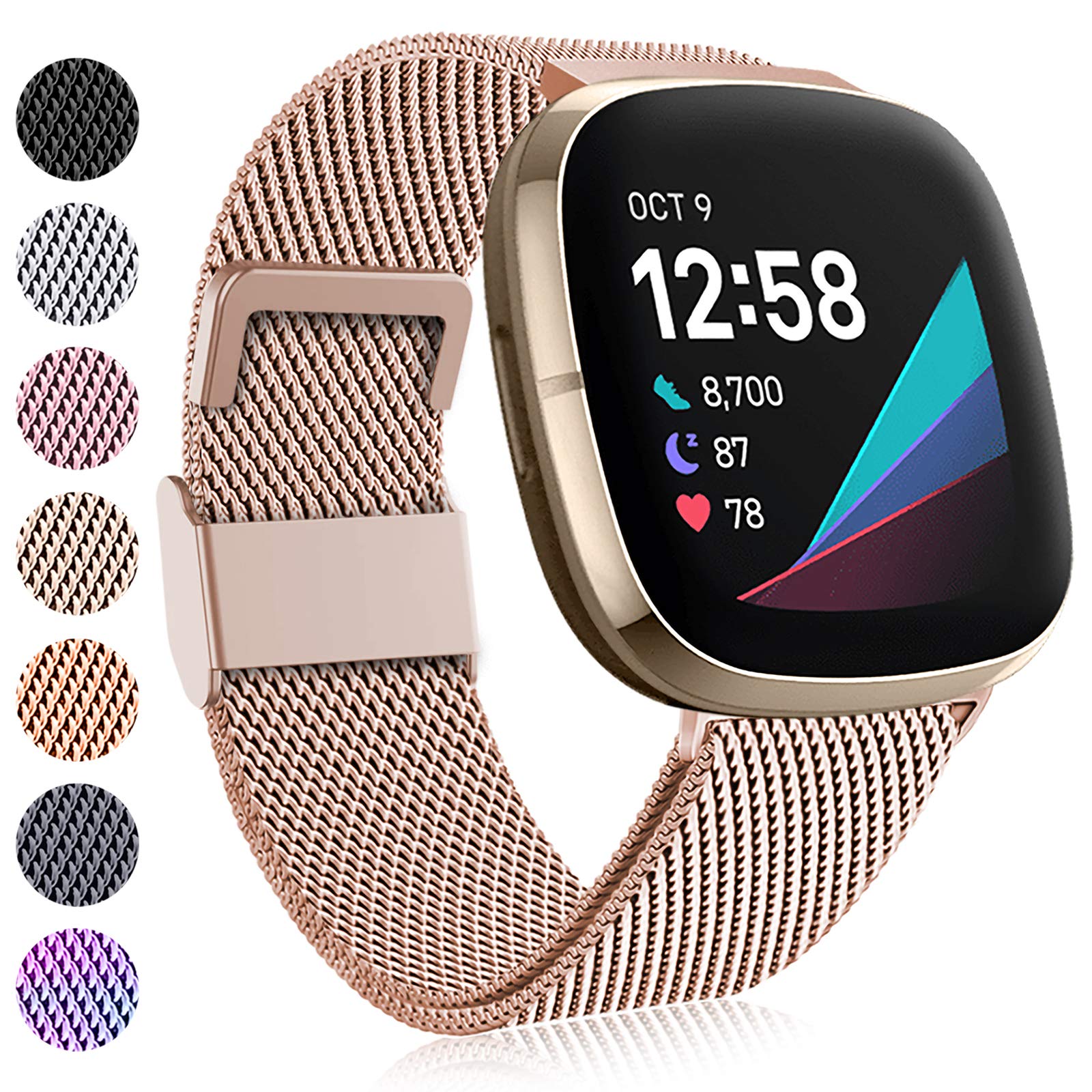 Faliogo Compatible with Fitbit Versa 3 Strap/Fitbit Versa 4 Strap/Fitbit Sense, Adjustable Stainless Steel Metal Replacement Band with Magnet Lock for Versa 4/Versa 3/Sense, Small Rose Gold