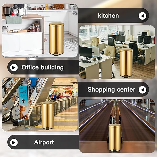 REALLNAIVE 30L/8GAL GOLD STEP TRASH CAN WITH 100 GARBAGE BAGS METALLIC GOLD BRASS LIDDED STEP KITCHEN GARBAGE BIN WITH LID COMMERCIAL COMPACT WASTE BASKET FOR SHOPPING CENTERS, ELEVATOR DOORS, HOTELS