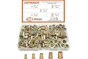 ISPINNER 150pcs #8-32, 10-24, 1/4"-20, 5/16"-18, 3/8"-16 Zinc Plated Carbon Steel UNC Rivet Nuts, Flat Head Threaded Insert A