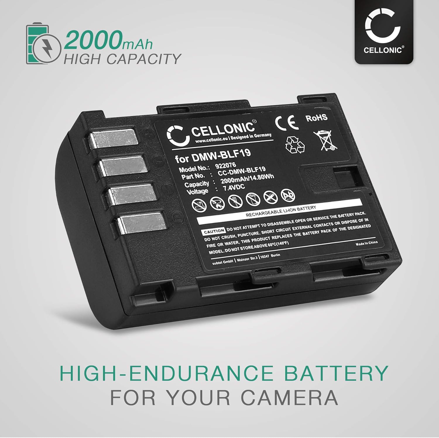 CELLONIC, Battery for Camera compatible with Panasonic Lumix DC-GH5, DC-G9, DMC-GH4 (7.4V, 2000mAh), Black, 1x Battery 2000mAh - Image 3
