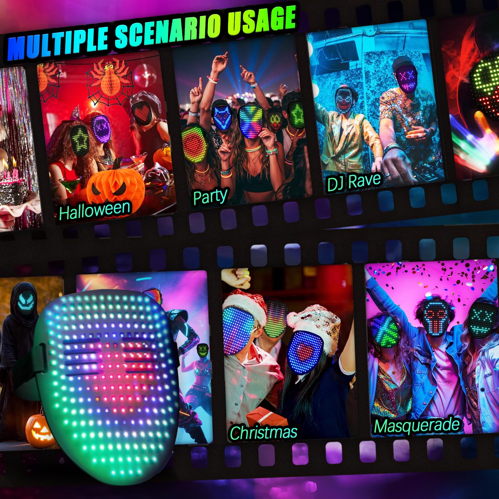 Ompusos LED Mask with Gesture Sensing, Light-Up Transforming Face Cover for Halloween, Christmas, Cosplay & Birthday Parties