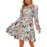 Simplee Womens Spring Floral Mini Dress Long Sleeve Boho Chiffon Short Dress Casual Flowy Fall Wedding Guest Dresses