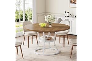 Condemo Round Dining Table for 4-6, 47 inch Wood Dining Room Table with Storage Shelf, Farmhouse Kitchen Table with Metal Base, Large Round Table for Home, Light Brown & White, No Chairs
