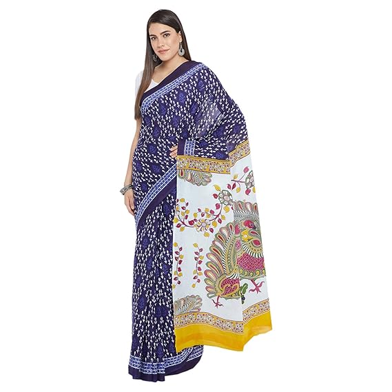 Finest Quality Indigo Screenprint Cotton Saree with Blouse Piece-Indigo RDSWSA0097 Traditional