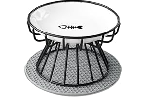TRUNDISAN Raised Cat Bowl, Ceramic Cat Dish with Metal Stand, Wahisker Fatigue Elevated Pet Water and Food Feeding Station for Indoor Cats, Puppies and Small Dogs, Dishwasher Safe…, Fish-Bone
