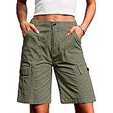 Eddoyee Bermuda Cargo Shorts for Women Casual Long Knee Length High Waisted Stretch Wide Leg Relaxed Fit