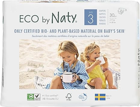 Eco by Naty Premium Bio-Windeln für empfindliche Haut, Größe 3, 4-9 kg, 6 Packungen à 30 Stück (180 Stück gesamt), weiß