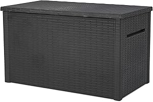 Keter Java XXL 230 Gallon Resin Rattan Look Large Outdoor Storage Deck Box for Patio Furniture Cushions, Pool Toys, and Garden Tools, Dark Grey