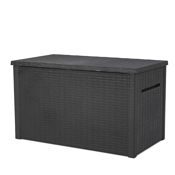 KETER JAVA XXL 230 GALLON RESIN RATTAN LOOK LARGE OUTDOOR STORAGE DECK BOX FOR PATIO FURNITURE CUSHIONS, POOL TOYS, AND GARDEN TOOLS, DARK GREY