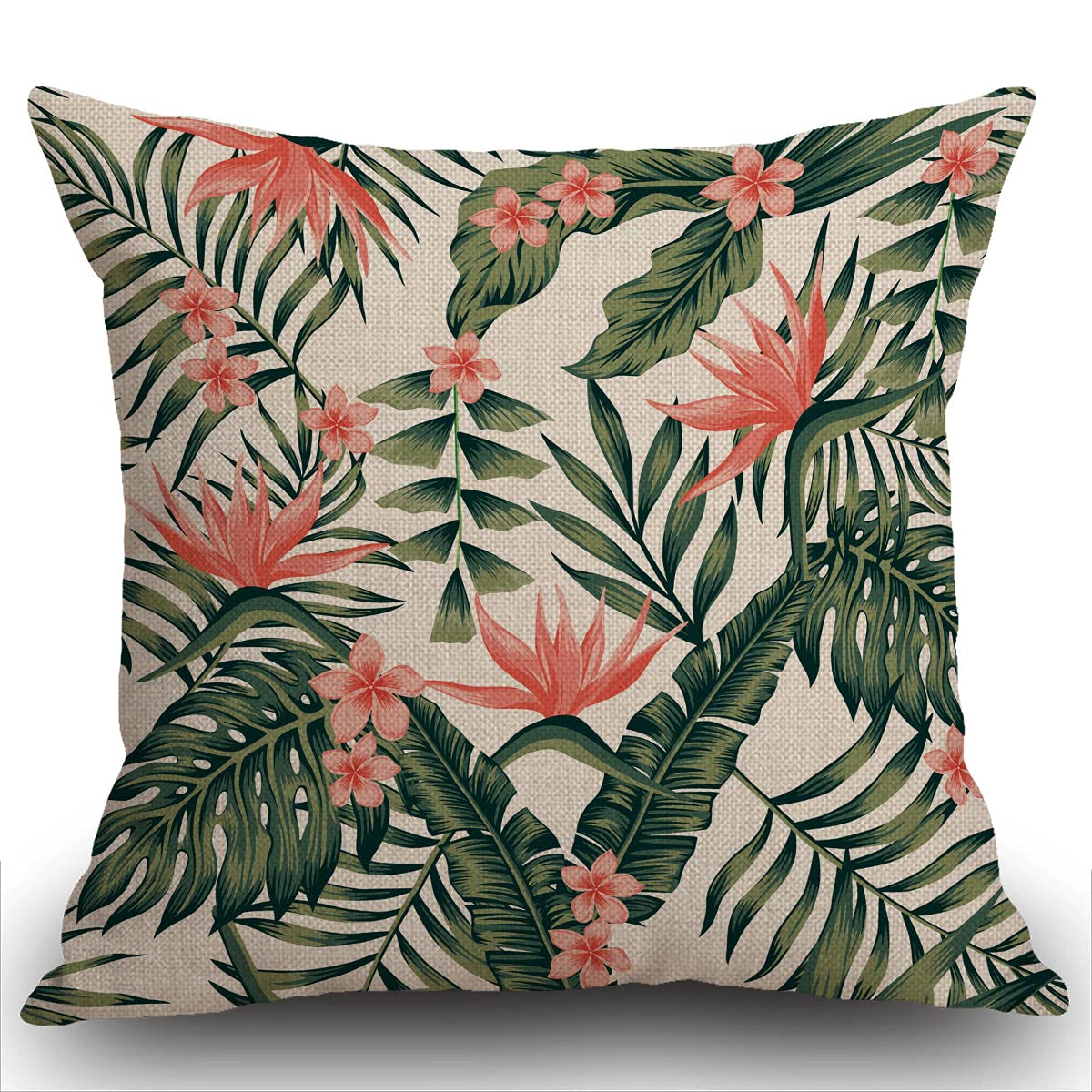 Smooffly Throw Pillow Cover Home Decor Beach Cheerful Tropical Dark Green Leaves of Palm Trees and Flowers Pillow Case Decorative 18 x 18 Inches Outdoor Cushion Couch Sofa Pillowcase
