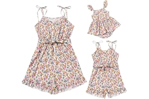 AWIBMK Mommy and Me Outfit Floral Tie Strap Family Matching Jumpsuit Romper Sleeveless Summer Clothes for Mother and Daughter