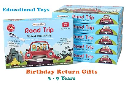 Funvention Educational Game Road Trip: Write and Wipe Activity Sheets (Pack of 6) - Observational Educational Game: Birthday Return Gifts