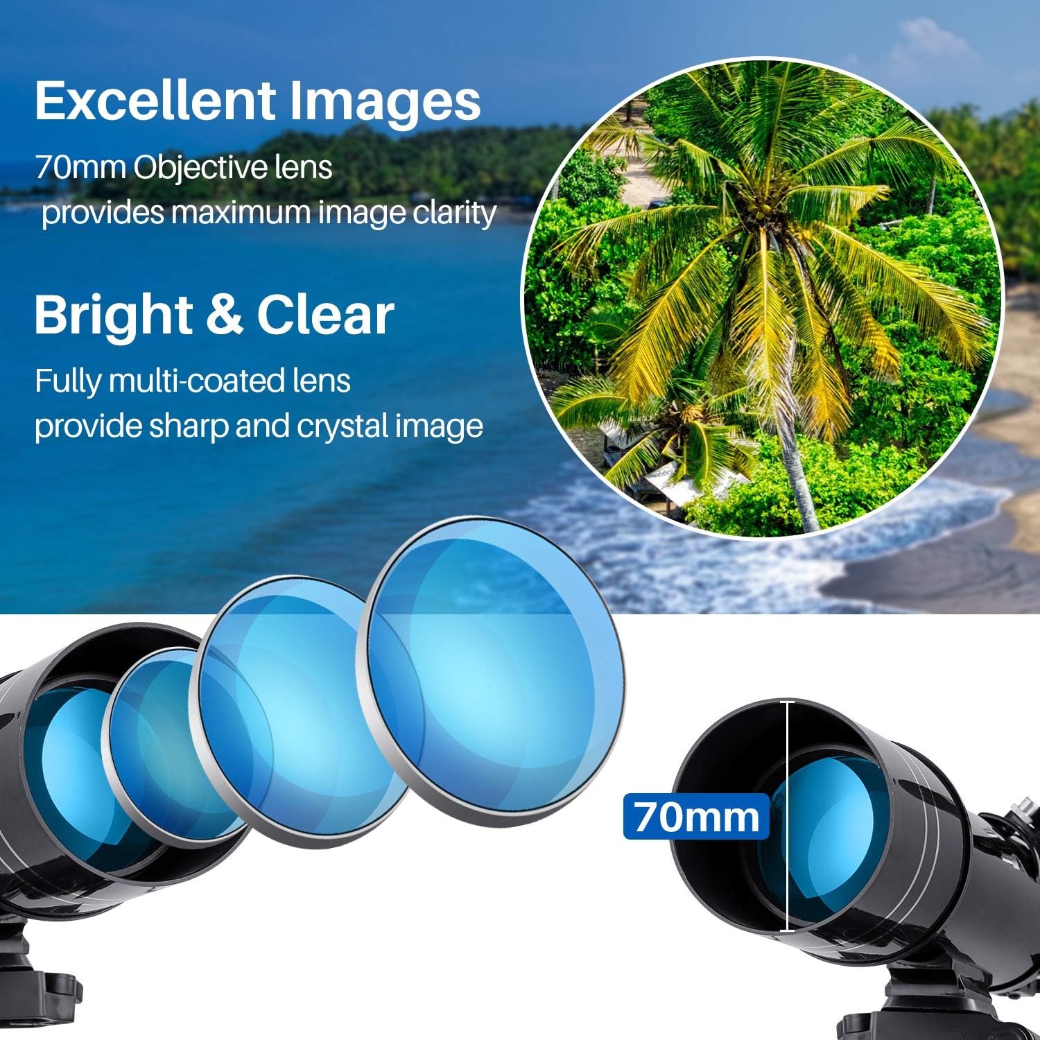 BNISE 70mm Portable Refractor Telescope & HD Binoculars, Fully Coated